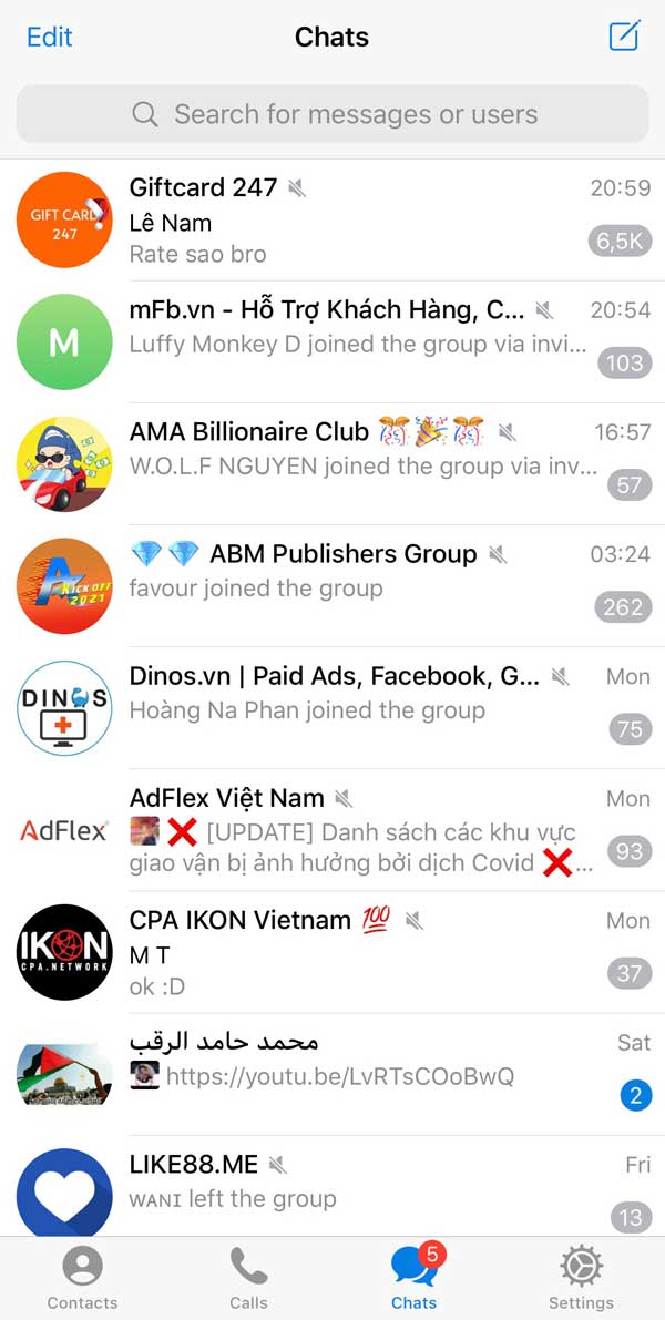Giao diện ứng dụng Telegram trên điện thoại