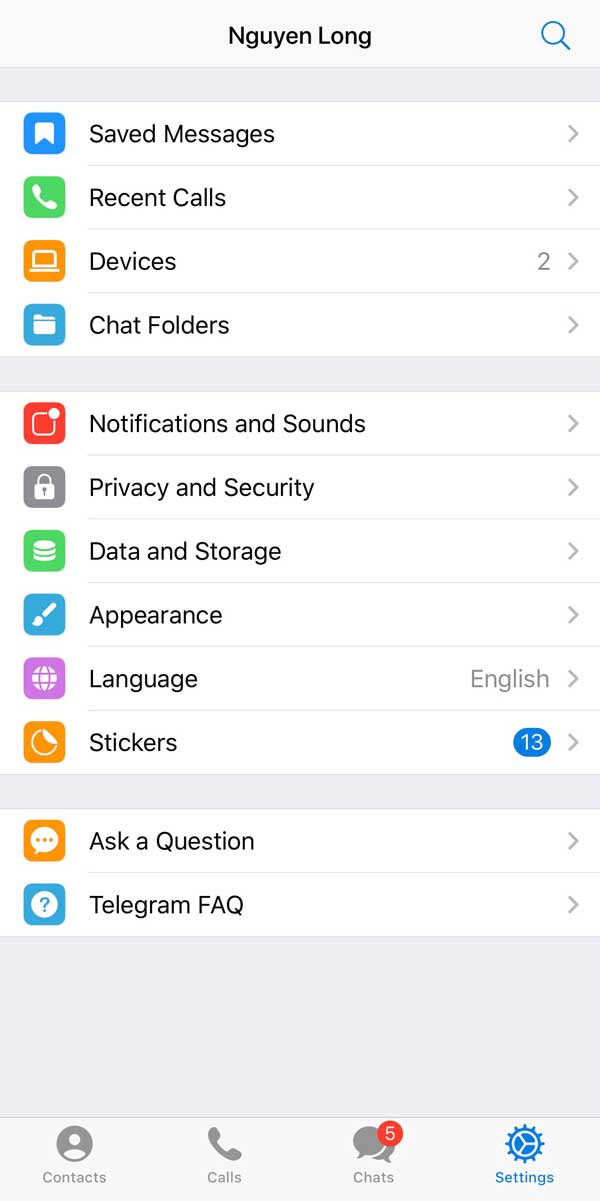 Menu cài đặt ứng dụng Telegram